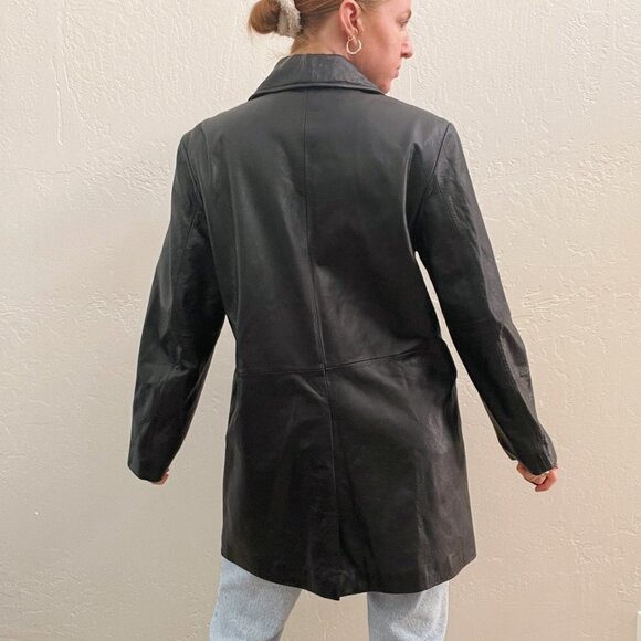 Vintage 90's Black 100% Lambskin Leather Button Up Blazer Trench Jacket - Picture 6 of 8